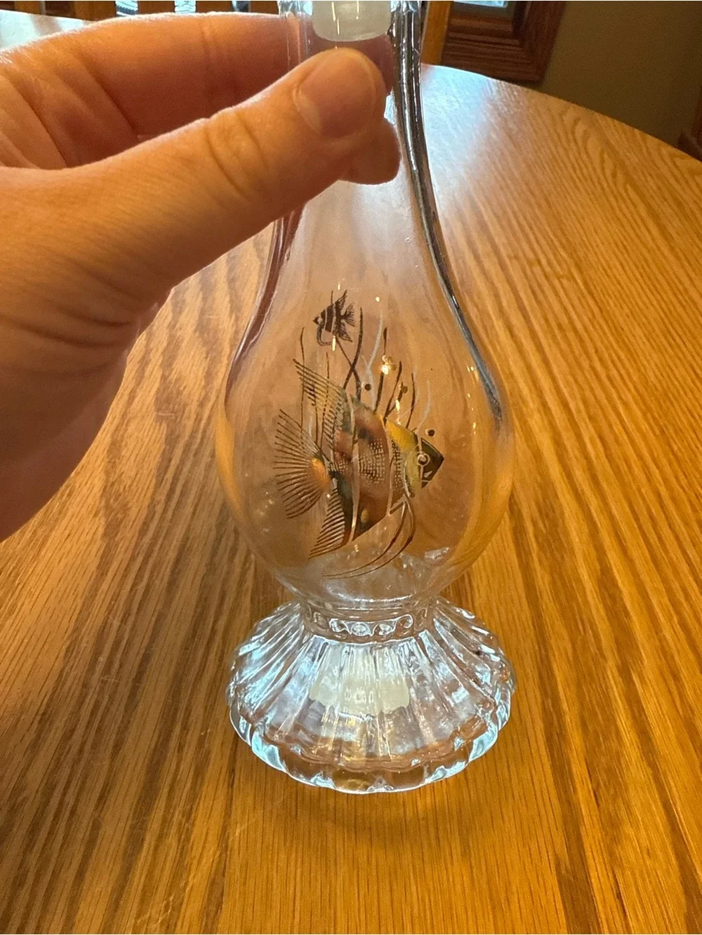 Vintage Clear Glass Avon Bottle/Bud Vase with Etched Fish Motif